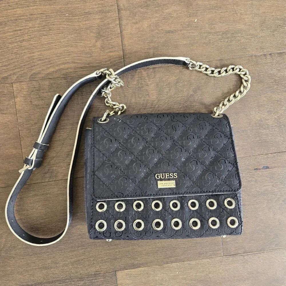 Guess Women's Jordyn Crossbody Handbag Black Grommet Shimmer Small New